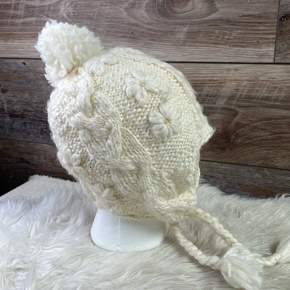 Knitted Ear Flap Beanie Youth Hat , Youth Size 8-16, Off White